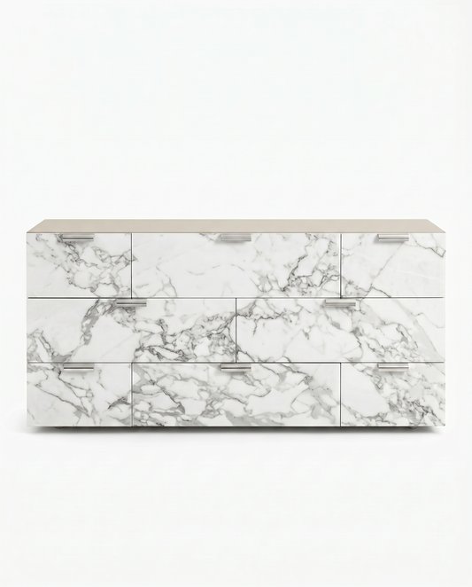 Bernhardt Stratum Dresser, Mist Finish w/Arabescato Stone, Polished Nickel Finish 68W 20D 34.25H