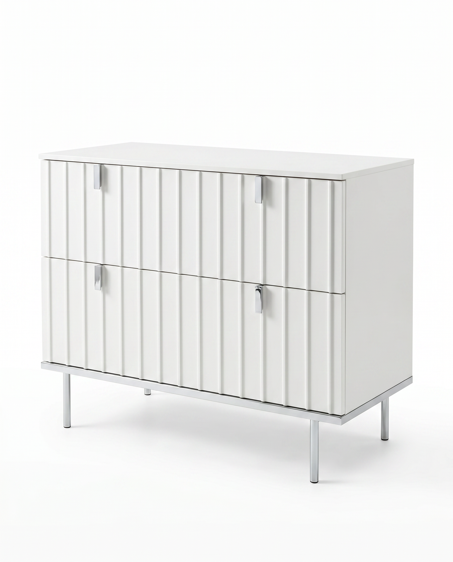 Bernhardt White Modulum 2-Drawer Chest, Fluted Cast Resin Drawer Front, Polished Stainless Steel Base 37.5W 18D 29.25H