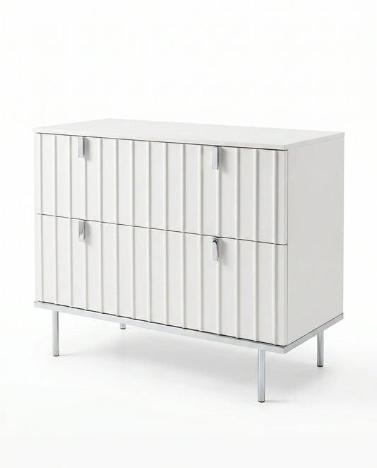 Bernhardt White Modulum 2-Drawer Chest, Fluted Cast Resin Drawer Front, Polished Stainless Steel Base 37.5W 18D 29.25H