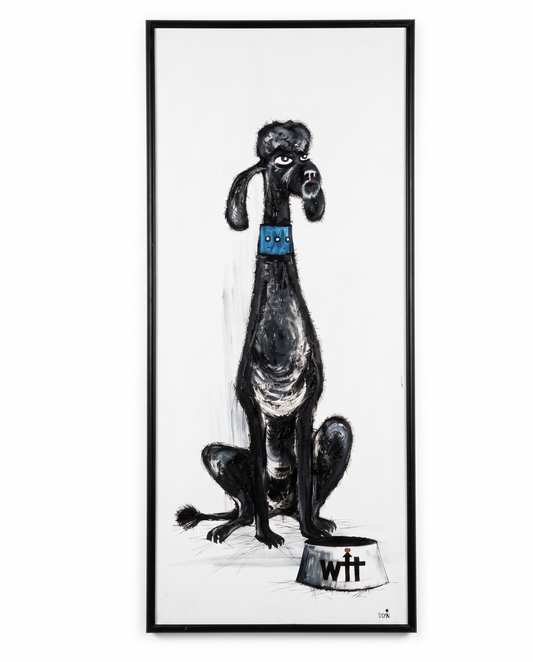 Black Poodle Hand Painted on Canvas, Signed Dorwin 21W 49.5H