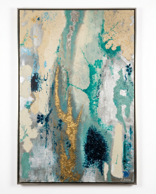 "Blue View I" Abstract on Canvas Painting by L. Bodine, Featuring Teal, Gold Leaf, Silver Leaf, Metallic Frame 41.5 x 61.5