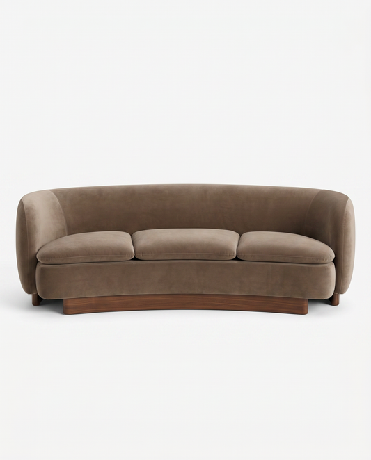 CB2 Muir Camel Velvet Curved Sofa, Arched Silhouette, Bent Wood Legs 91 x 39 x 27.5
