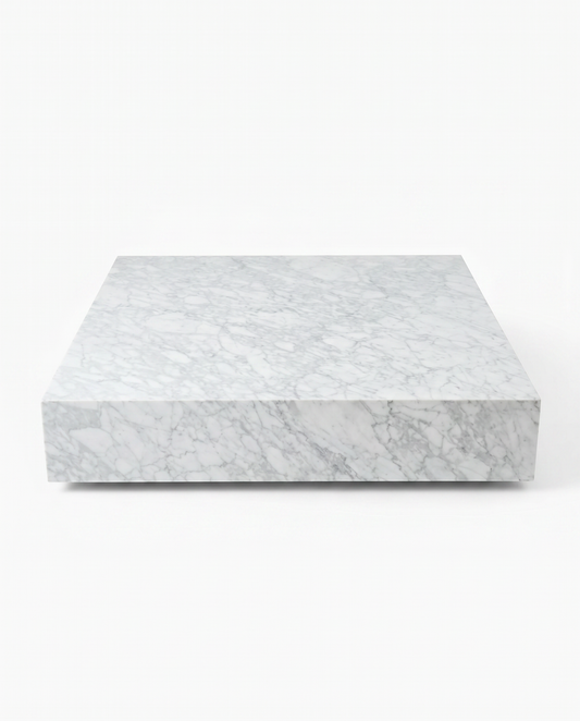 Cantoni Monolith Rectangle Cocktail Table, White Carrara Marble, Floating Recessed Base, Wheels 59Sq 11.5H