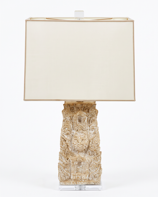Cast-Plaster Figurative Relief Carving, Lucite Base Table Lamps w/Shades - PAIR