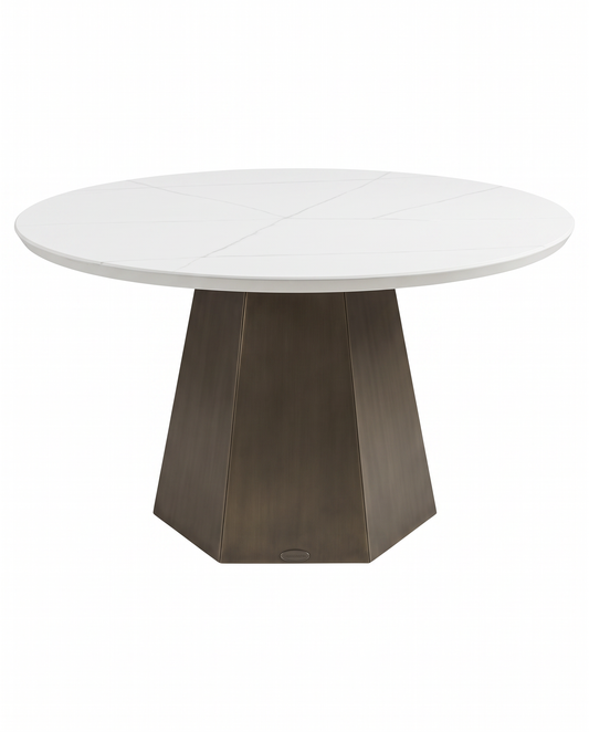 Castelle Outdoor Dining Table, White Concrete Top w/ Hexagon Metal Base 50.5 Dia. 28.5H