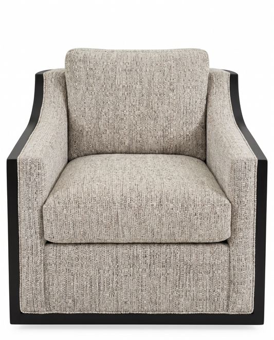 Century Furniture Custom Swivel Chairs, Grey Leather, Black Wood Frame w/Light Grey Upholstery 35W 43D 31H