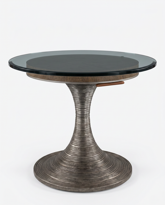 Century Furniture Table, Grooved Hour Glass Shape, Antique Silver Leafed Finish, Circular Glass Top 36"dia x 29.25"