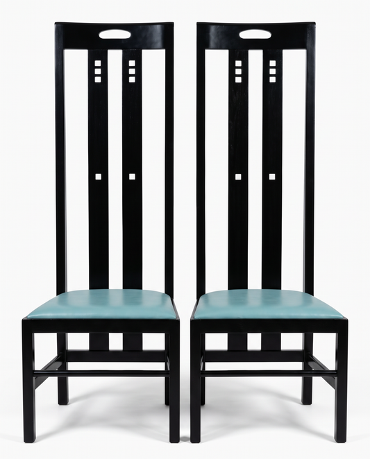 Chas. Rennie Mackintosh-Style Ingram Hi-Chair, Ebonied Wood, Slated Back 18.5W 17D 59H - PAIR