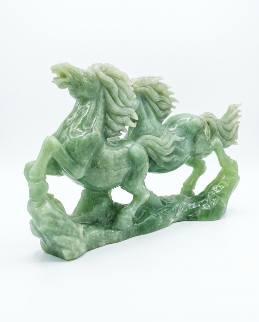 Chinese Green Jadeite or Serpentine Carved Horses, Wooden Base 24W 5D 13.5H