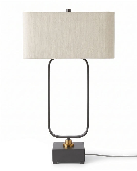 Contemporary Matte Black Metal Frame Table Lamps, White Fabric Shades 34H - PAIR
