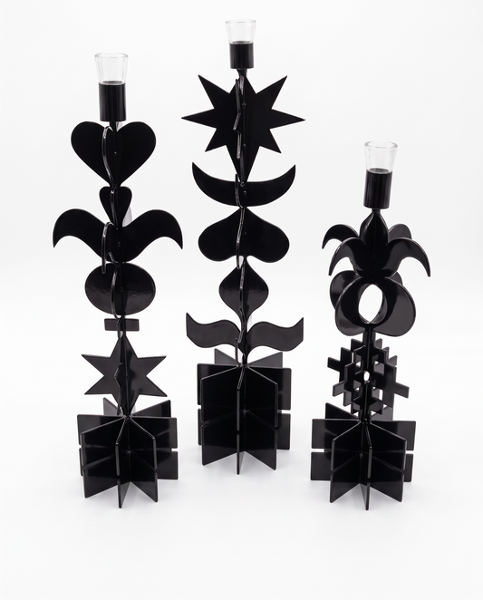 Crate & Barrel Picado BLK Metal Tapee Candle Holders by Lucia Eames 18H,16H,13.25H - SET OF 3