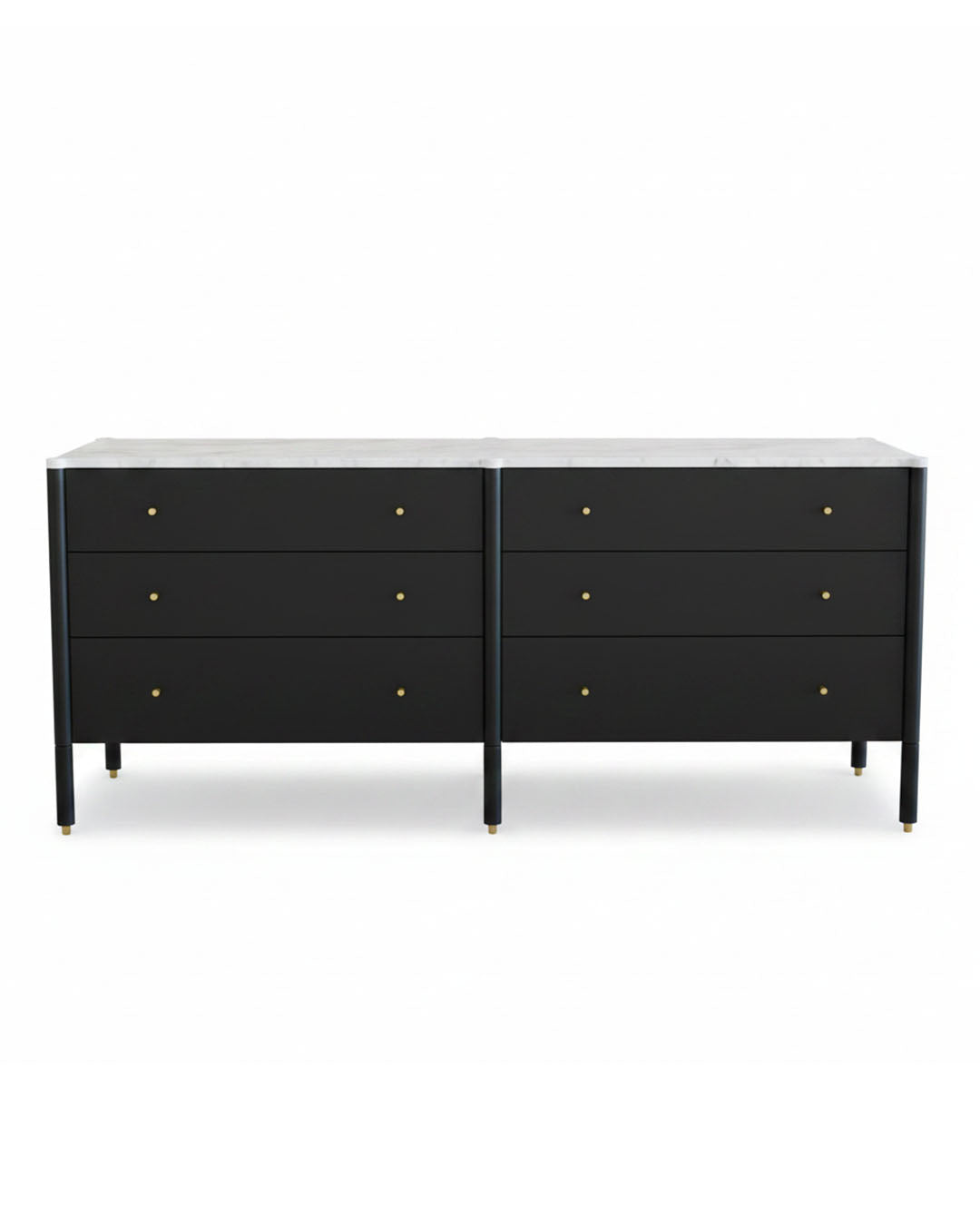 DWR Media Console, White Carrara Marble Top, Solid Brass Knobs 78W 20DD 31.75HH