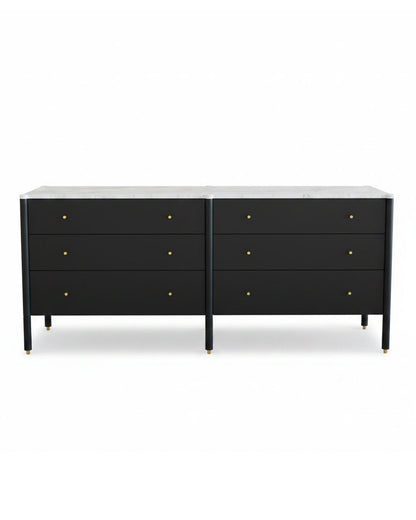 DWR Media Console, White Carrara Marble Top, Solid Brass Knobs 78W 20DD 31.75HH