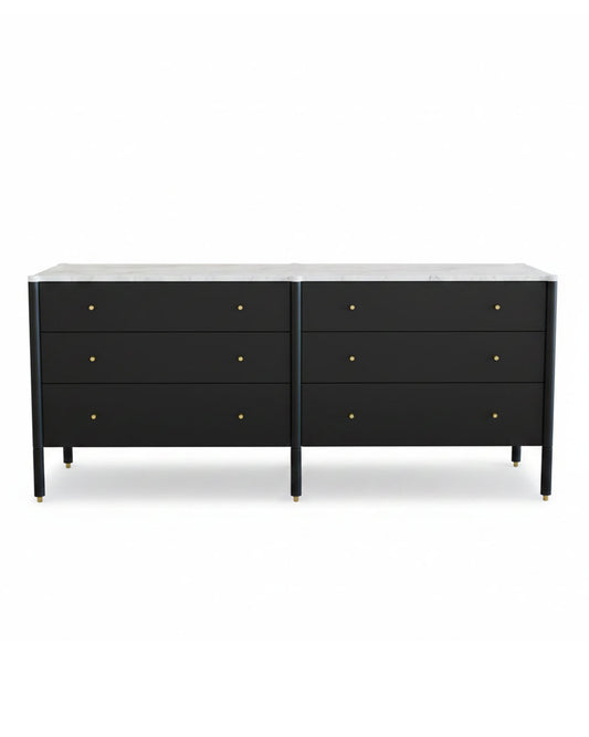 DWR Morrison Dresser, 6-Drawer, White Carrara Marble Top, Brass Tone Knobs 74W 20D 32H