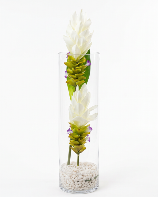 "Dancing Moonlight" White Ginger Flowers in Clear Cylinder Glass Vase 26H