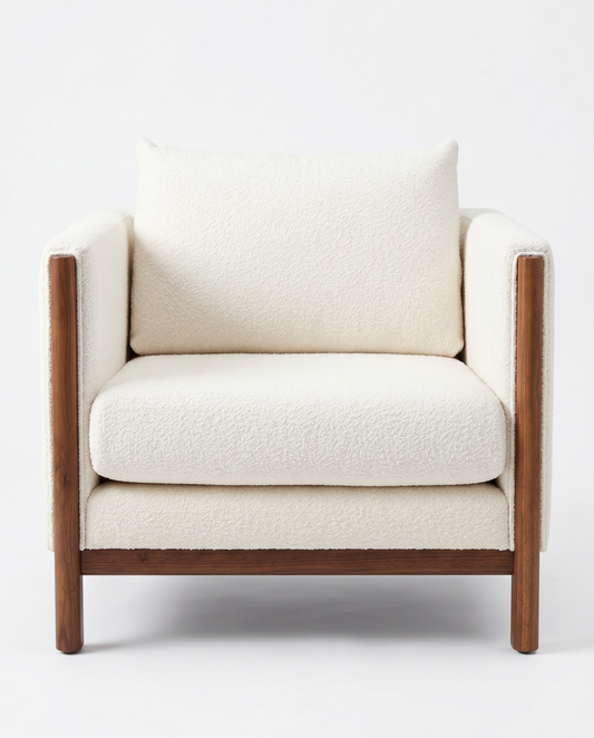 Design Within Reach Emmy Armchairs, White Boucle Fabric, Wood Frame 32W 34.5D 31H