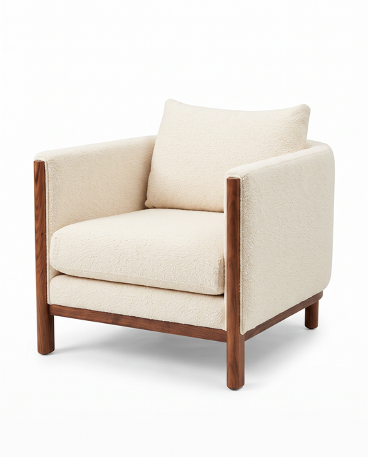 Design Within Reach Emmy Armchairs, White Boucle Fabric, Wood Frame (PAIR) 32 x 34 x 25.5