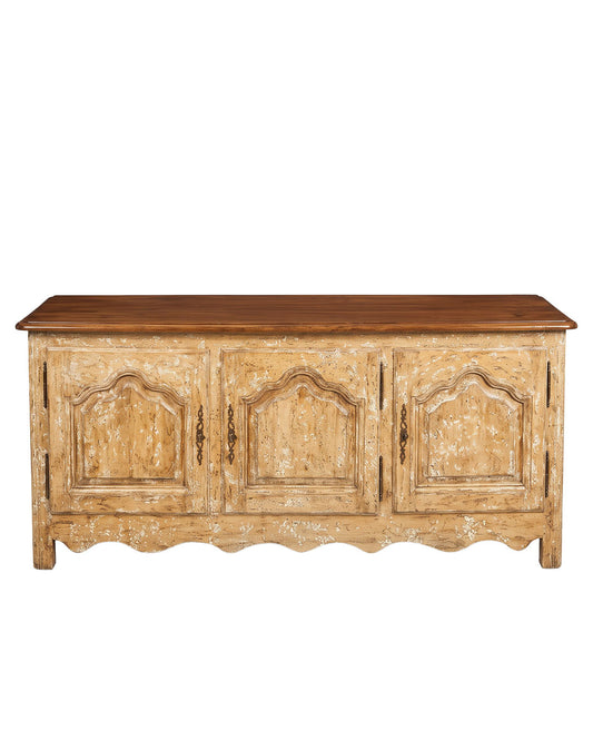 Distressed Oak Finish Carved Sideboard, Walnut Top 76W 19.5D 33.5H