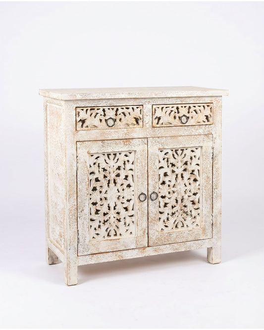 Distressed Wood Lattice Hand-Carved Cabinet 36 x 16 x 36 (2 available)