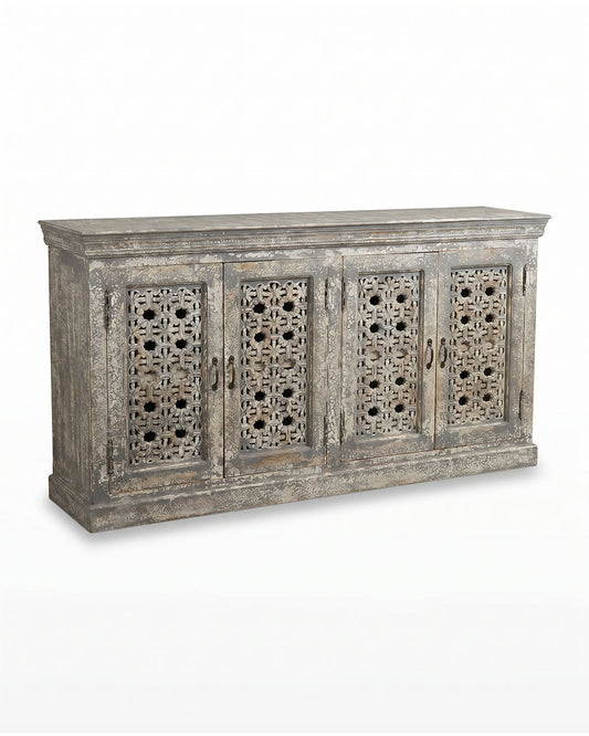 Distressed Wood Lattice Hand-Carved Sideboard 68.5 x 16 x 35.5