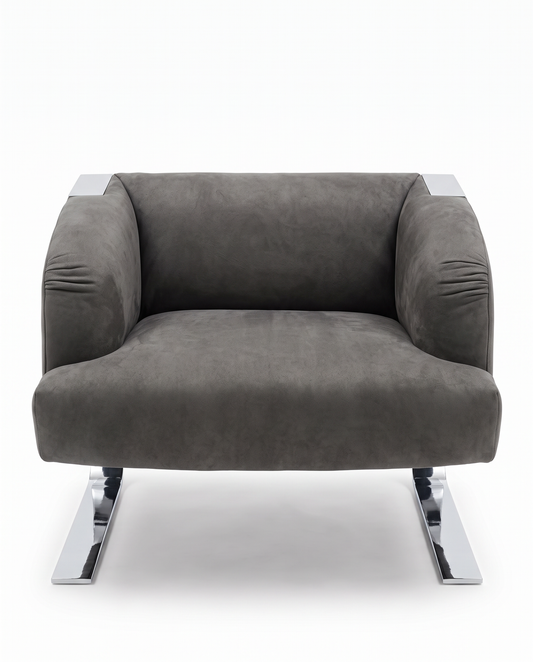 Donghia Grey Lounge Chairs, Leather, Stainless Steel Frame 36W 36D 29.5H - PAIR