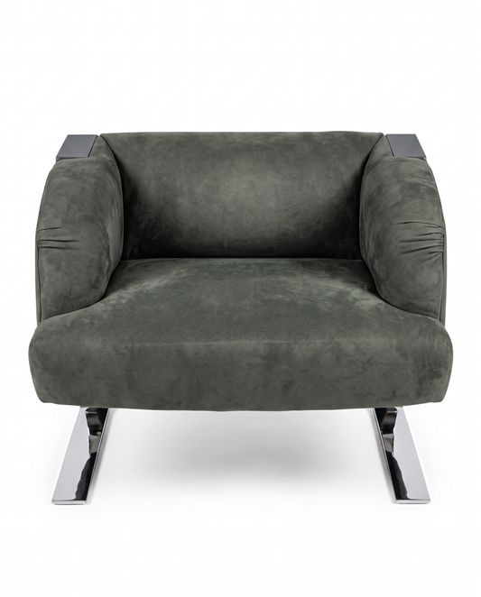 Donghia Grey Lounge Chairs, Leather, Stainless Steel Frame 36W 36D 29.5H - PAIR