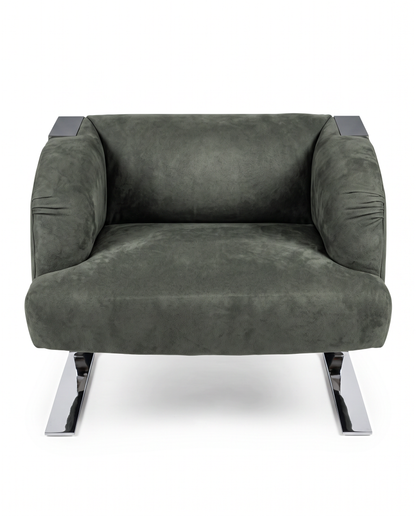 Donghia Grey Lounge Chairs, Leather, Stainless Steel Frame 33.5W 29.5D 26.5H - PAIR