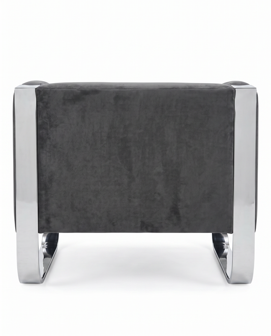 Donghia Grey Lounge Chairs, Leather, Stainless Steel Frame 36W 36D 29.5H - PAIR