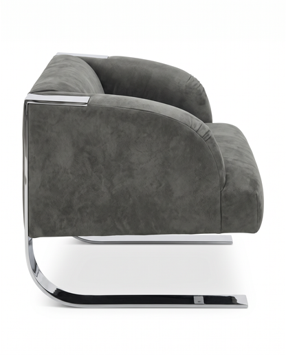 Donghia Grey Lounge Chairs, Leather, Stainless Steel Frame 33.5W 29.5D 26.5H - PAIR