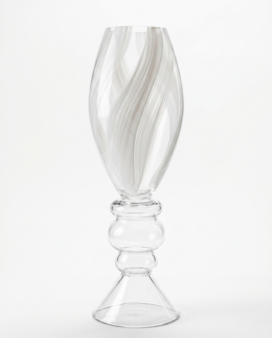 Fade Mouth Blown Italian Glass Vases, White Swirl 29H