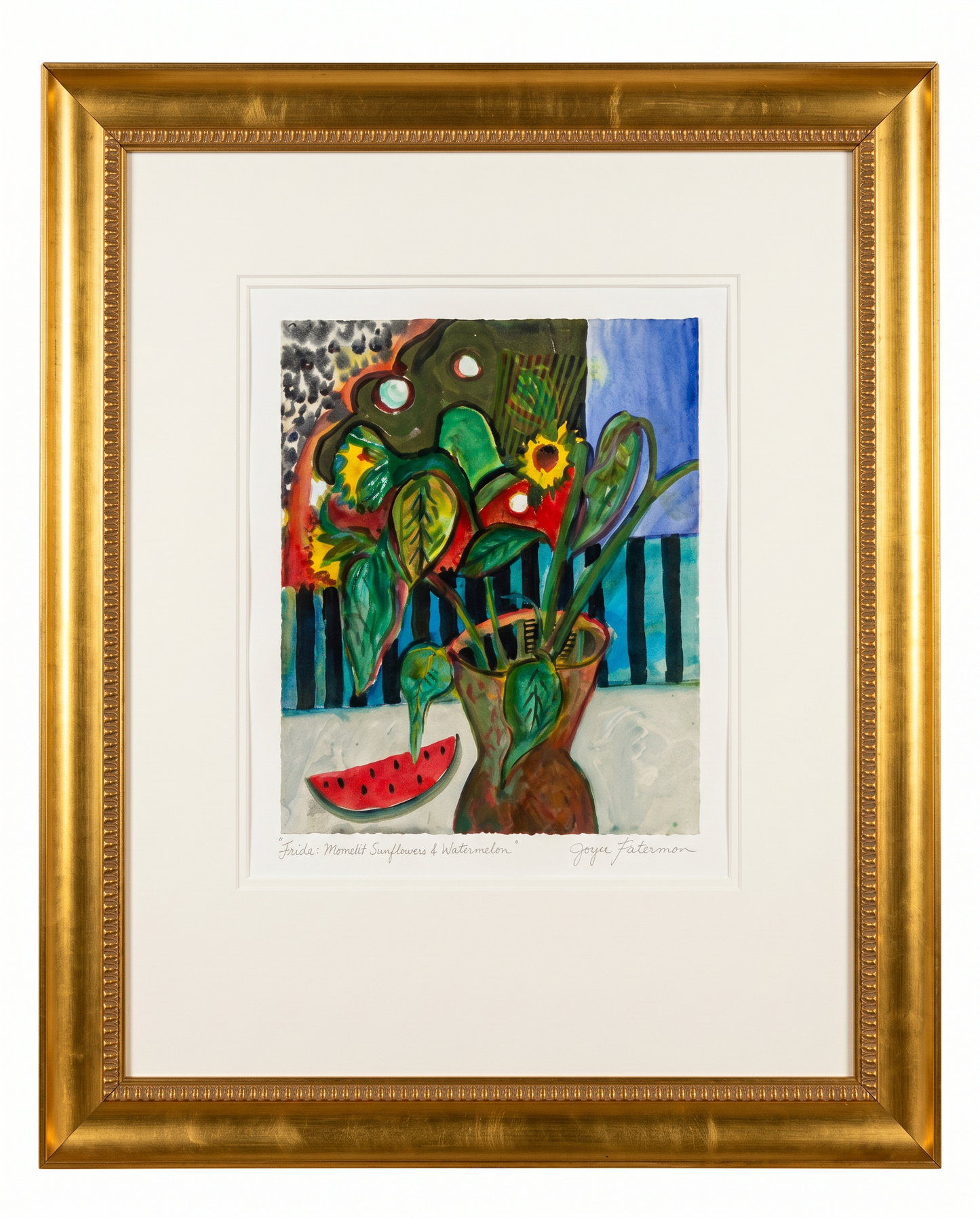 "Fiesta Moon Lit Sunflowers & Watermelon" By Joyce Lieberman, Watercolor on Paper 32.75 x 37