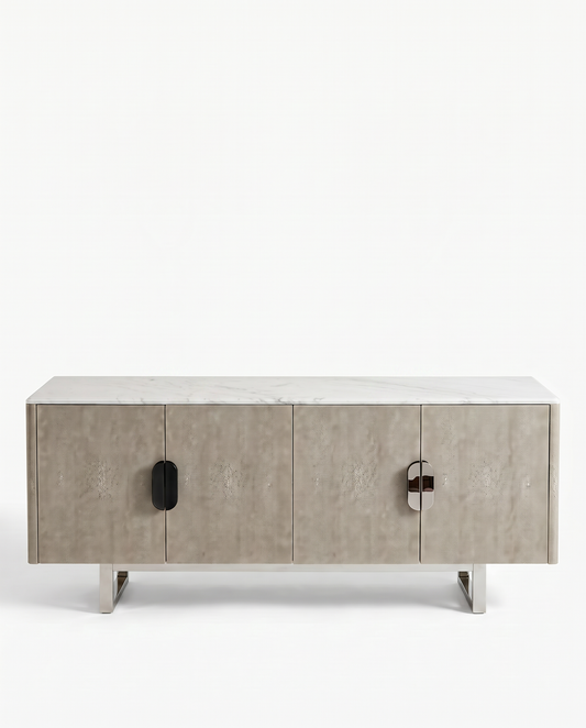 Four-Door Credenza, Brushed Grey Finish, Metallic Pulls 78W 20D 31.5H