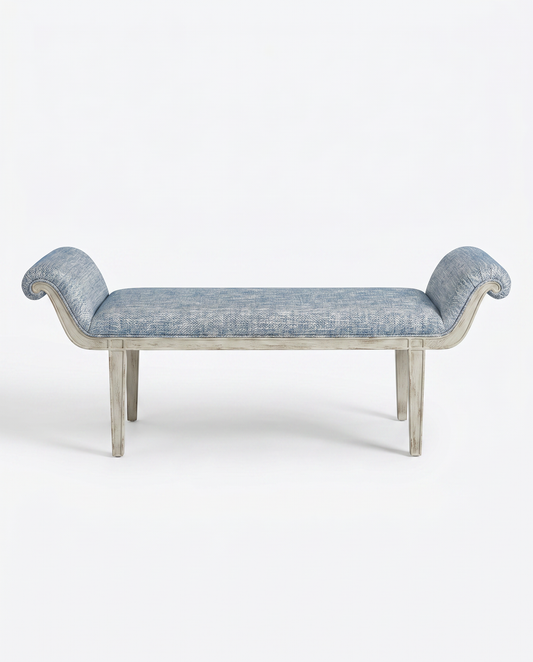 French Country Style Blue Upholstered Bench, Weathered Wood Frame 59.5W 18D 23H