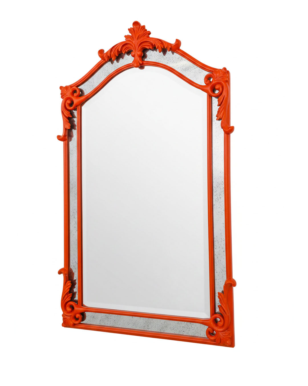 Glossy Bright Orange Imperial Wall Mirror, Scrolled Frame 29.5 x 48.25