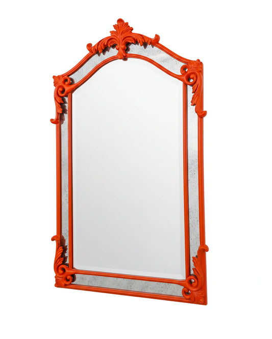 Glossy Bright Orange Imperial Wall Mirror, Scrolled Frame 29.5 x 48.25
