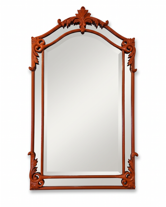 Glossy Bright Orange Imperial Wall Mirror, Scrolled Frame 29.5 x 48.25