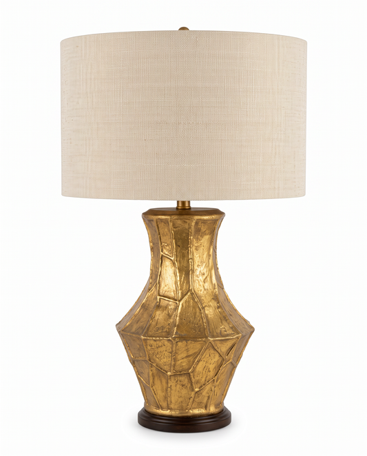 Gold Finish Textured, Geometric Table Lamp w/Drum Shade 29.5H
