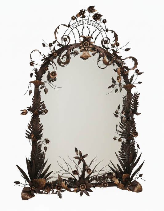 Grand Baroque Wrought Iron Mirror, Floral & Scrollwork Cresting 64.5 x 90H