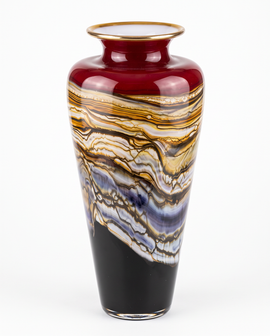 Hand Blown Art Glass Vase on Blk Base, Ruby Strata Artisan Crafted 17.5H
