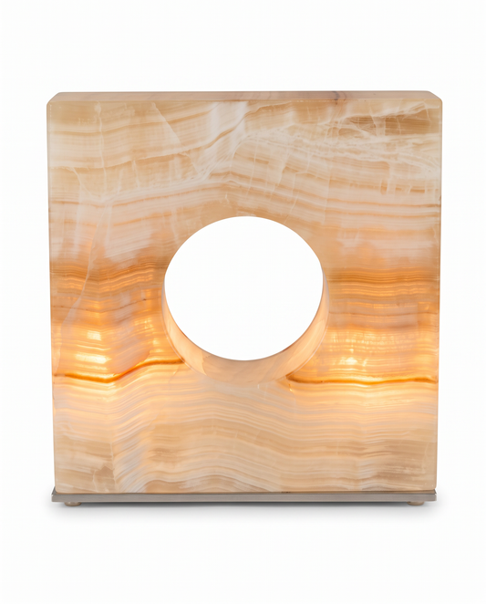 Hand Carved Natural Onyx, Circular Cutout Lamp 12 x 3.5 x 12.5H