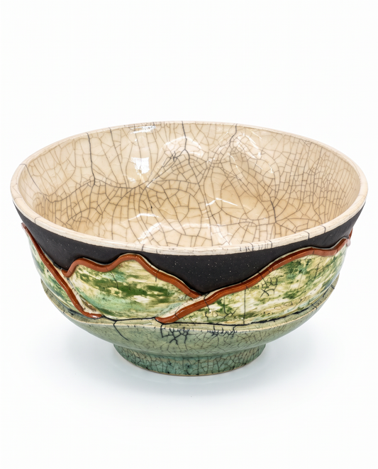 Handcrafted Landscape, Crackled White Interior Ceramic Bowl, Signed (Bill) Herb 81', 5.5H 11Dia