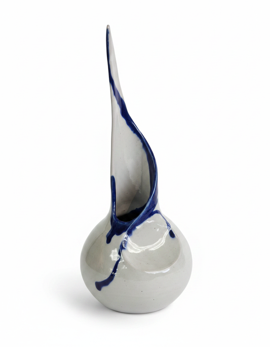 Handcrafted Pottery Vase, Blue Accents on Grey Base, Signed 13"H