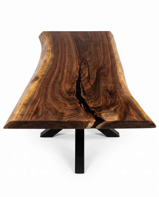 Handcrafted, One of a Kind Black Walnut Coffee Table, Matte Black Steel Support 55.5 x 30 x 18.25