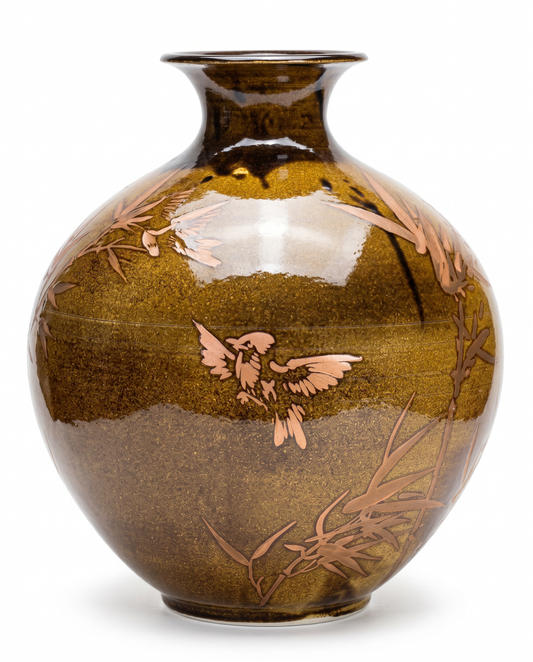 Handmade Ceramic Vase, Warm Earthy Tones, Bamboo Designs 16.5 Dia x 19.5H