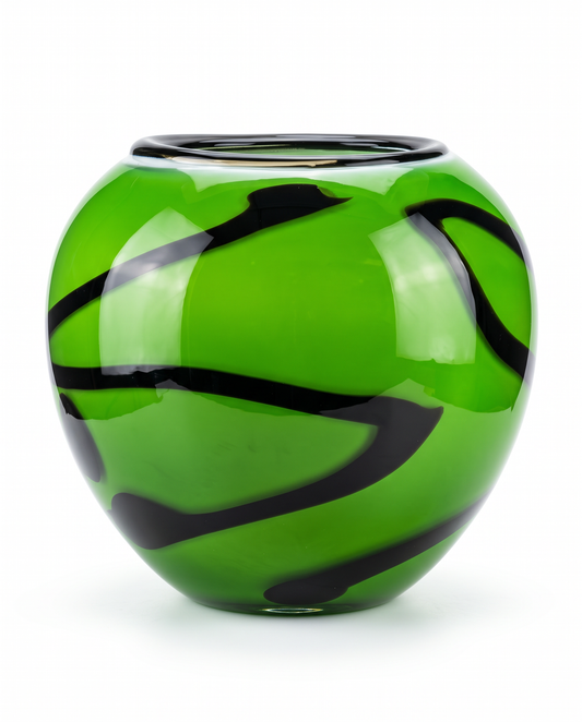 Hd. Blown Art Glass Vessel, by Tony Jonola-Blk Diagonal Striping, Lime-Grn. Abstract 12.5 x 8.5 x 11H