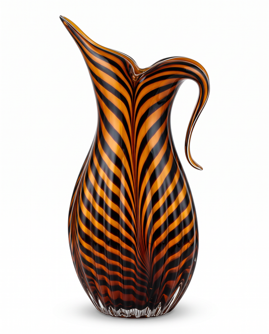 Hd. Blown Murano Art Glass Vessel, Amber w/Blk "Tiger Stripe" 15H