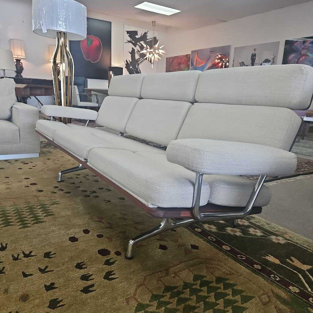 Eames 3-Seater Sofa by Herman Miller, Oiled Walnut, Polished Aluminum, Milaner Flax