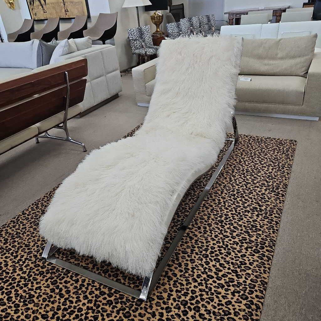 Chaise Lounge, White Enamel, Stainless Steel & White Fur