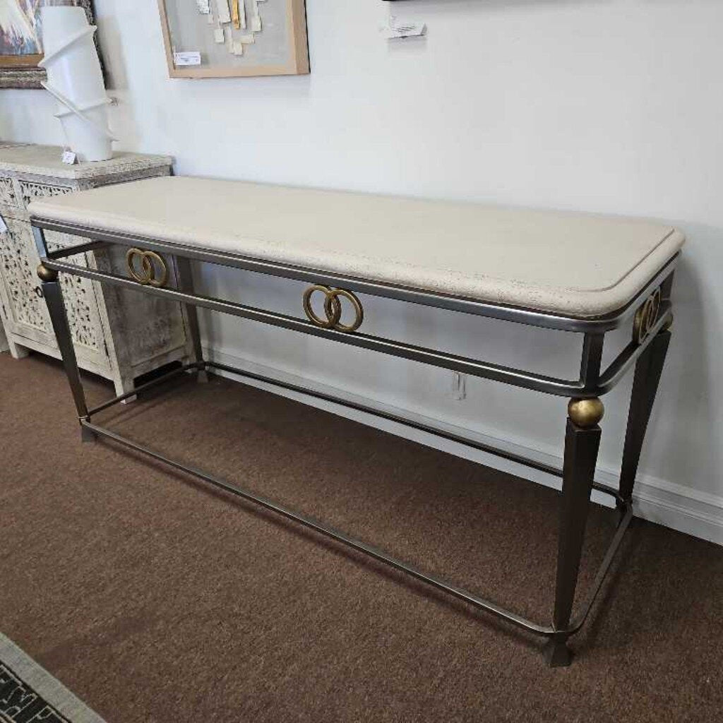 Vintage Travertine & Steel Console w/Gold Accent