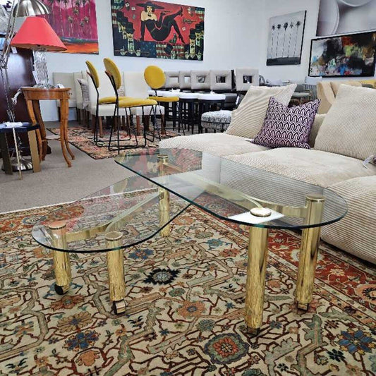Postmodern 1970's Vintage Brass & Glass 2-Tier L Shape Coffee Table 50W 20D 18H